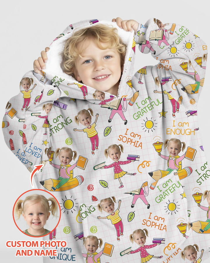 Custom Photo Kid Affirmations I Am Kind Bamboo Blanket Hoodie