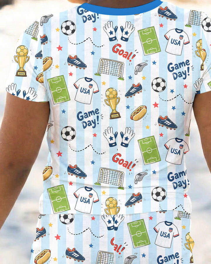 Striped Soccer Game Day Family Matching Bamboo Two Piece Short Sleeve Pajama Set