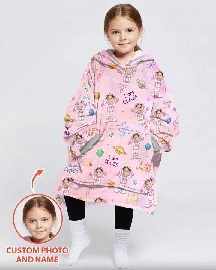 Custom Photo Kid Affirmations I Am Kind Astronaut Bamboo Blanket Hoodie
