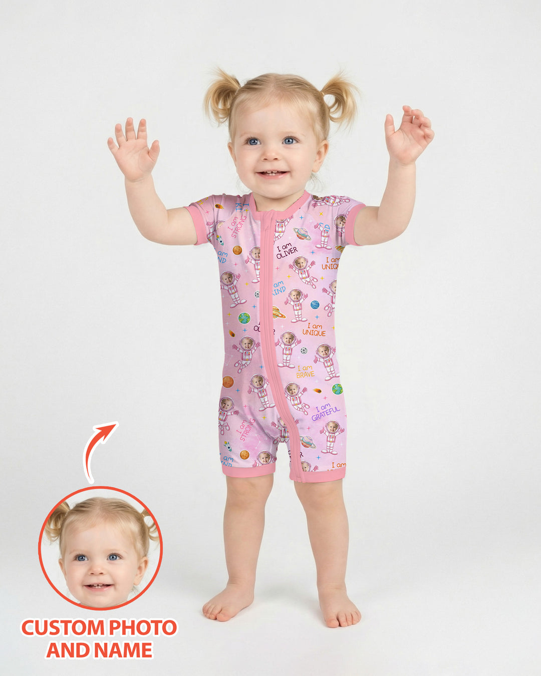 Custom Photo Kid Affirmations I Am Kind Astronaut Bamboo Shorty Zippy