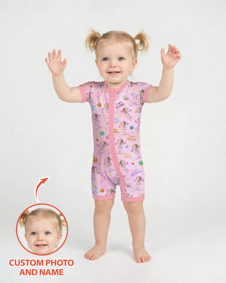 Custom Photo Kid Affirmations I Am Kind Astronaut Bamboo Shorty Zippy