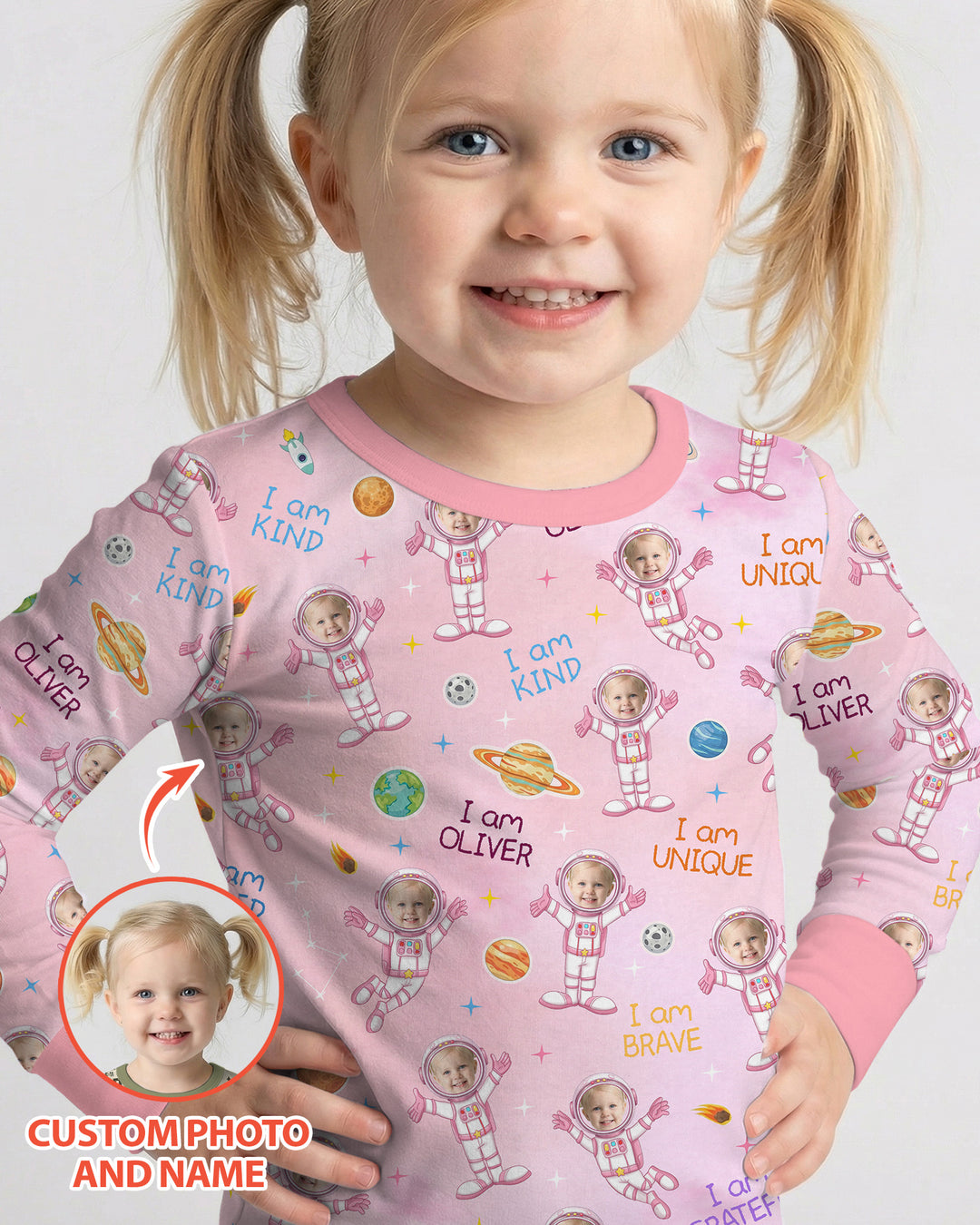 Custom Photo Kid Affirmations I Am Kind Astronaut Bamboo Two Piece Long Sleeve Pajama Set