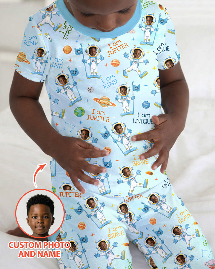 Custom Photo Kid Affirmations I Am Kind Astronaut Bamboo Two Piece Short Sleeve Shorts Pajama Set