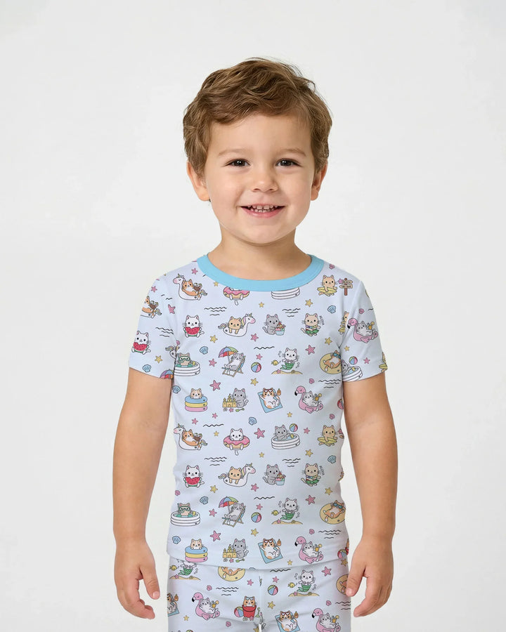 Kawaii Cats Summer Vacation Bamboo Two Piece Short Sleeve Pajama Set