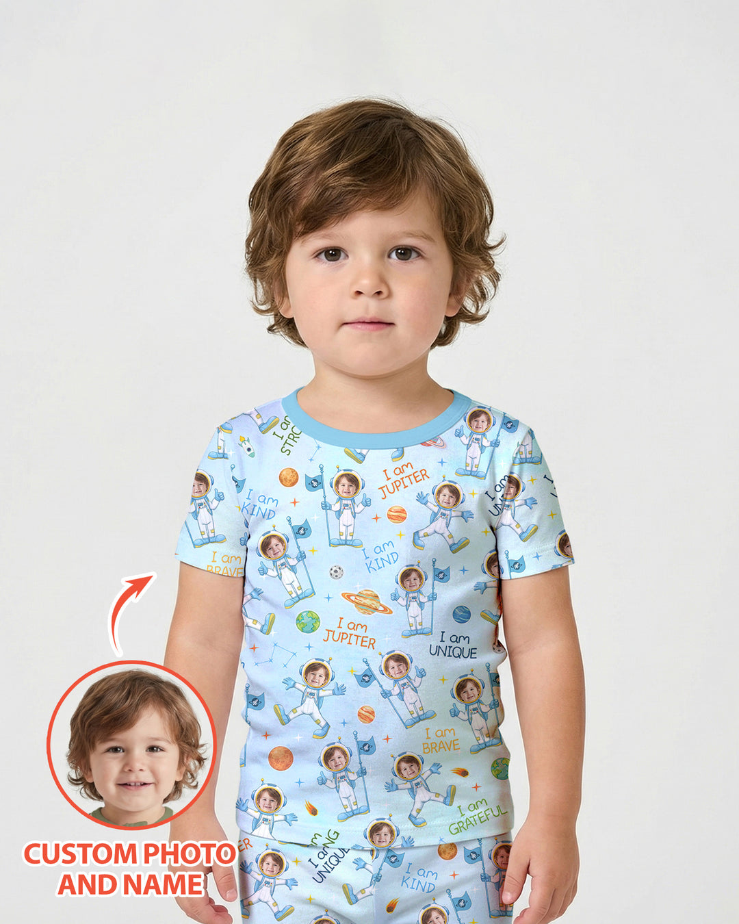Custom Photo Kid Affirmations I Am Kind Astronaut Bamboo Two Piece Short Sleeve Pajama Set