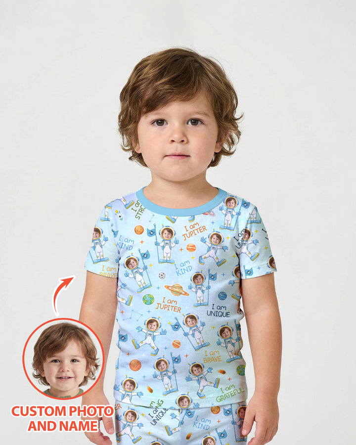 Custom Photo Kid Affirmations I Am Kind Astronaut Bamboo Two Piece Short Sleeve Pajama Set
