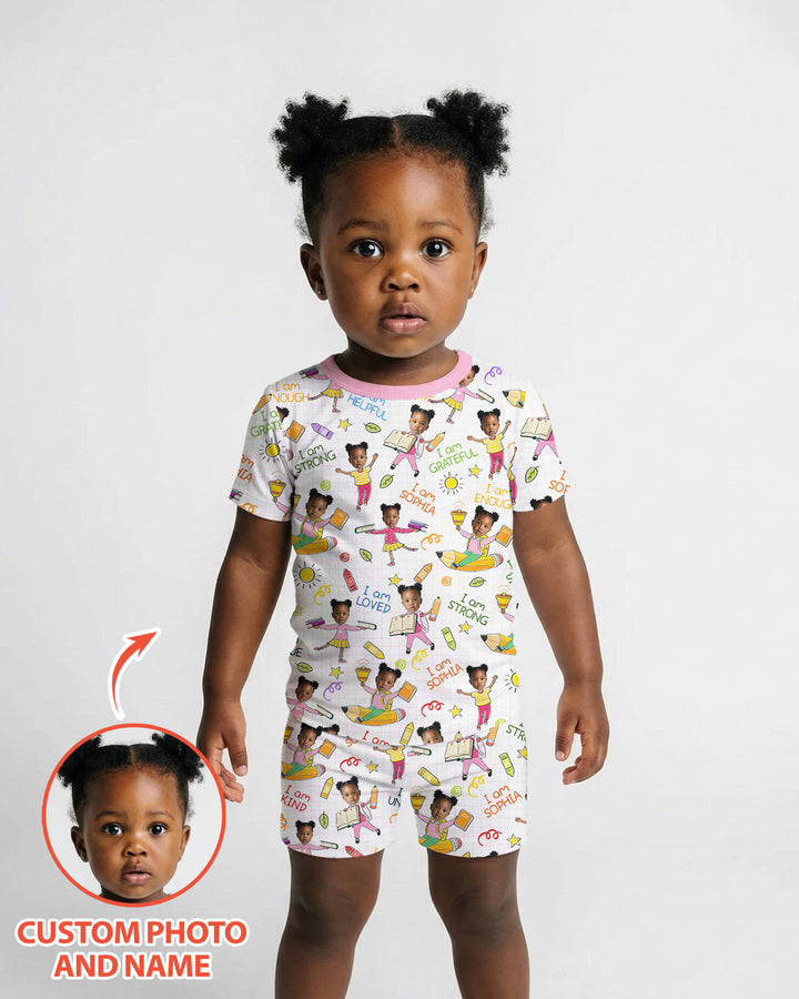 Custom Photo Kid Affirmations I Am Kind Bamboo Two Piece Short Sleeve Shorts Pajama Set