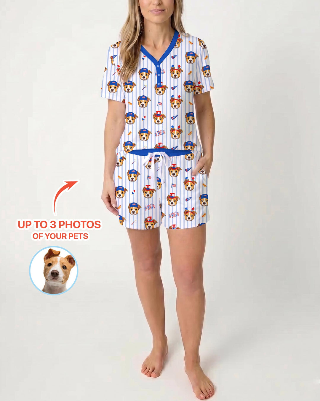 Custom Pet Image 4th of July Family Matching Bamboo Women Short Sleeve Short Pajama