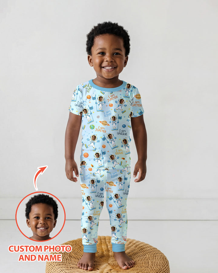 Custom Photo Kid Affirmations I Am Kind Astronaut Bamboo Two Piece Short Sleeve Shorts Pajama Set