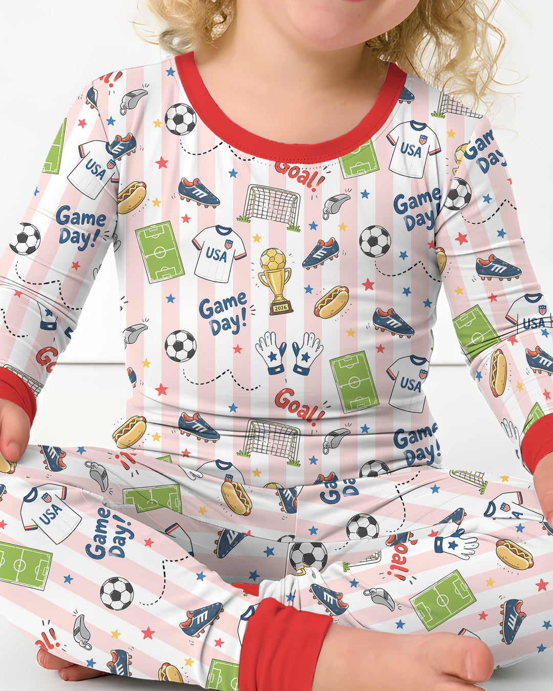 Striped Soccer Game Day Family Matching Bamboo Two Piece Long Sleeve Pajama Set