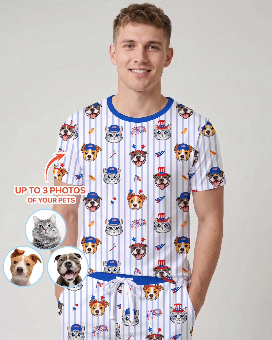 Custom Pet Image 4th of July Family Matching Bamboo Men Short Sleeve Short Pajama Set