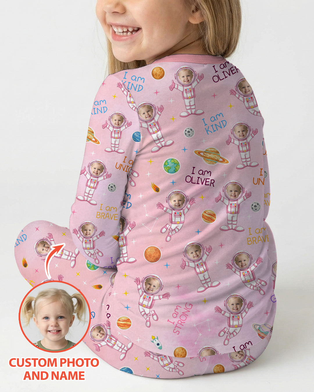 Custom Photo Kid Affirmations I Am Kind Astronaut Bamboo Two Piece Long Sleeve Pajama Set