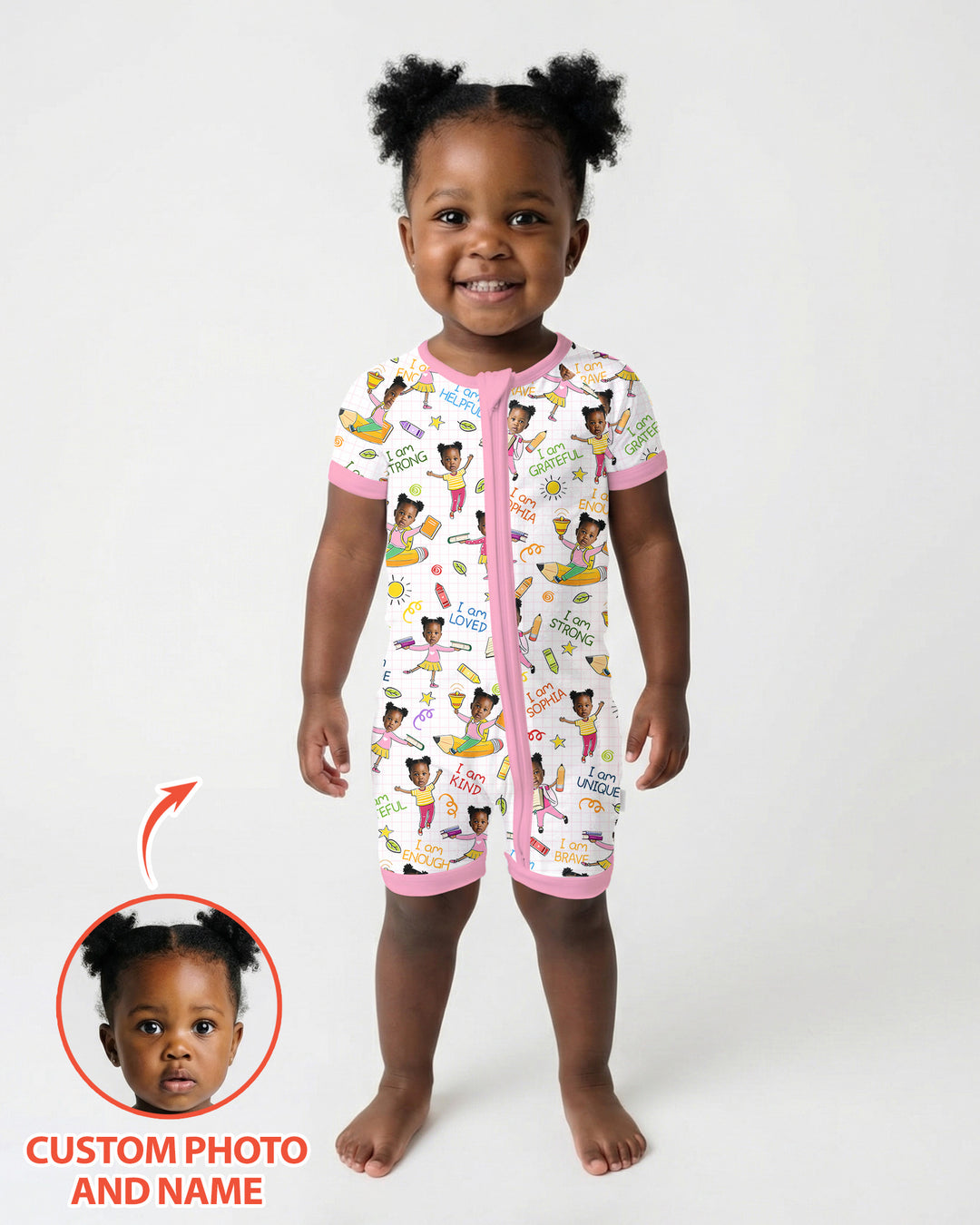 Custom Photo Kid Affirmations I Am Kind Bamboo Shorty Zippy