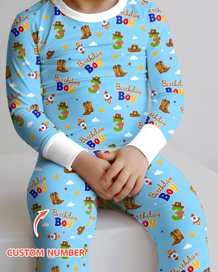 Custom Birthday Western Boy Bamboo Two Piece Long Sleeve Pajama Set