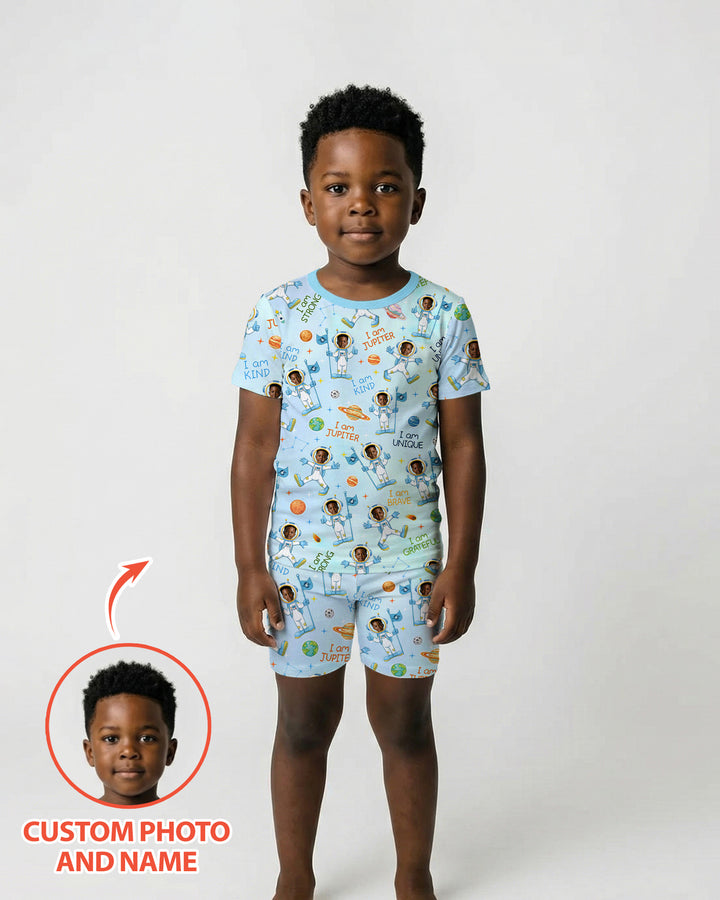 Custom Photo Kid Affirmations I Am Kind Astronaut Bamboo Two Piece Short Sleeve Pajama Set