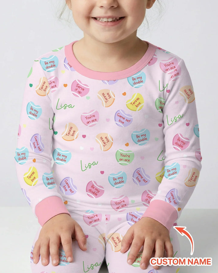 Custom Name Tennis Candy Hearts Bamboo Two Piece Long Sleeve Pajama Set