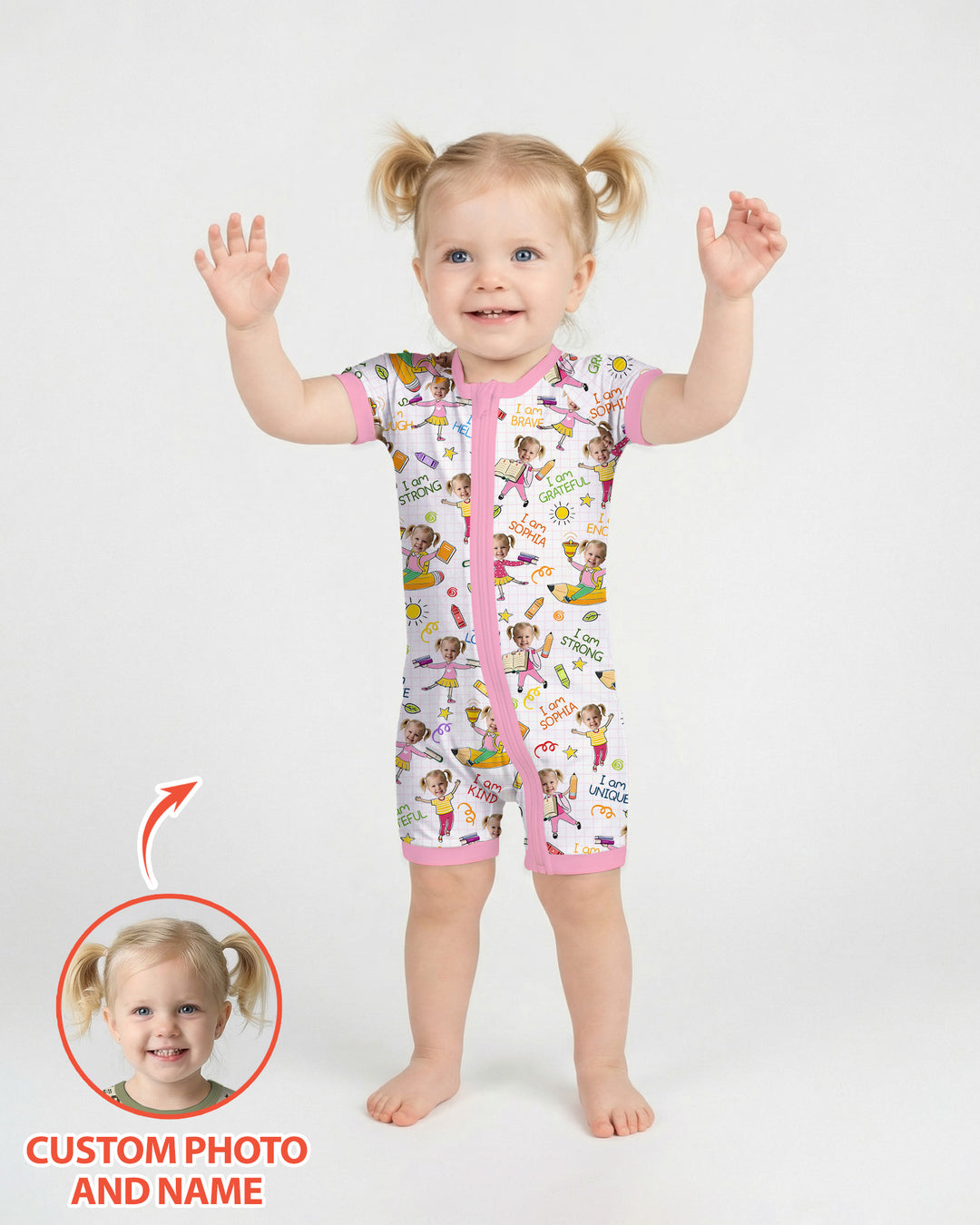 Custom Photo Kid Affirmations I Am Kind Bamboo Shorty Zippy