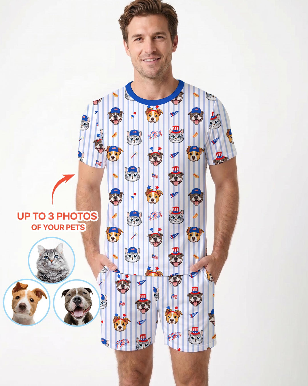 Custom Pet Image 4th of July Family Matching Bamboo Men Short Sleeve Short Pajama Set