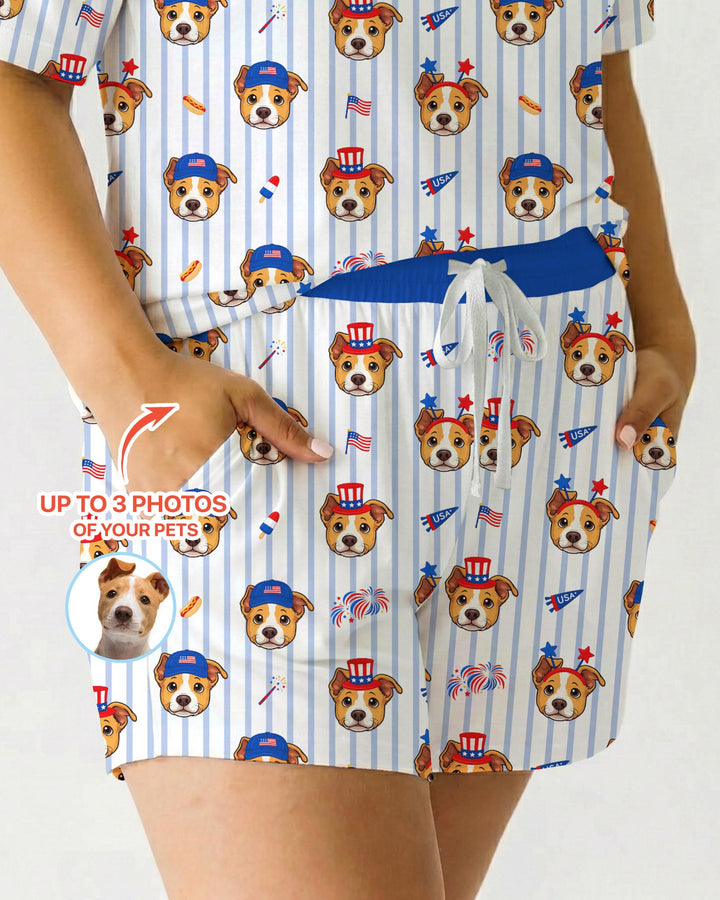 Custom Pet Image 4th of July Family Matching Bamboo Women Short Sleeve Short Pajama