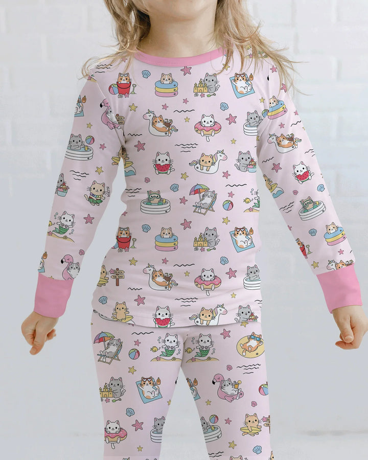 Kawaii Cats Summer Vacation Bamboo Two Piece Long Sleeve Pajama Set