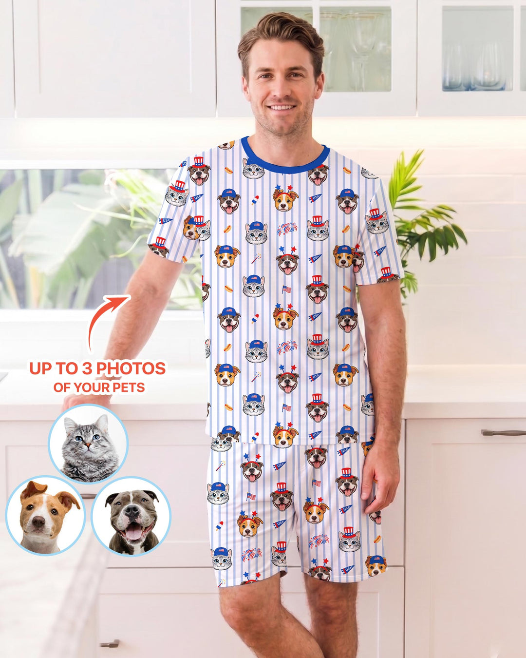 Custom Pet Image 4th of July Family Matching Bamboo Men Short Sleeve Short Pajama Set