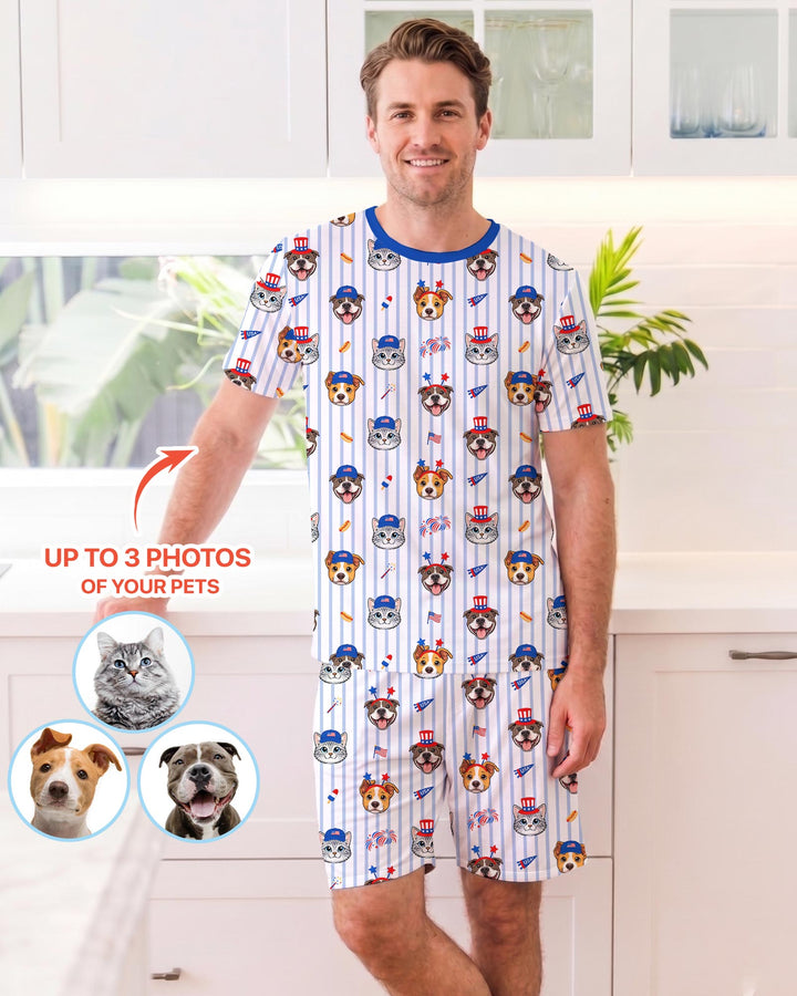 Custom Pet Image 4th of July Family Matching Bamboo Men Short Sleeve Short Pajama Set