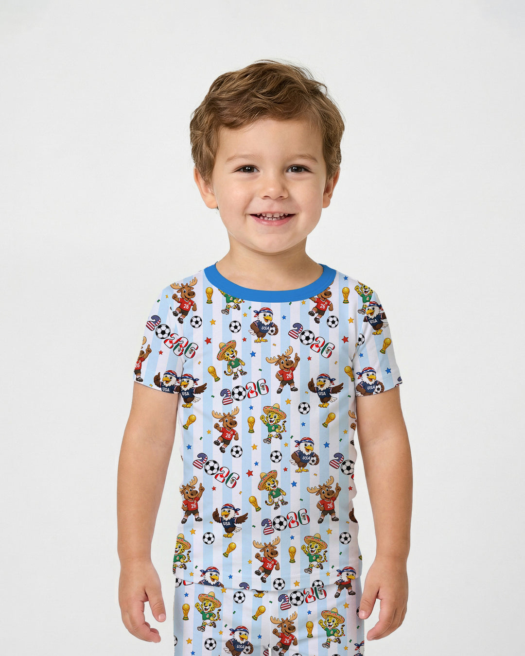 Striped Cute Mascots Soccer Cup 2026 Bamboo Two Piece Short Sleeve Pajama Set
