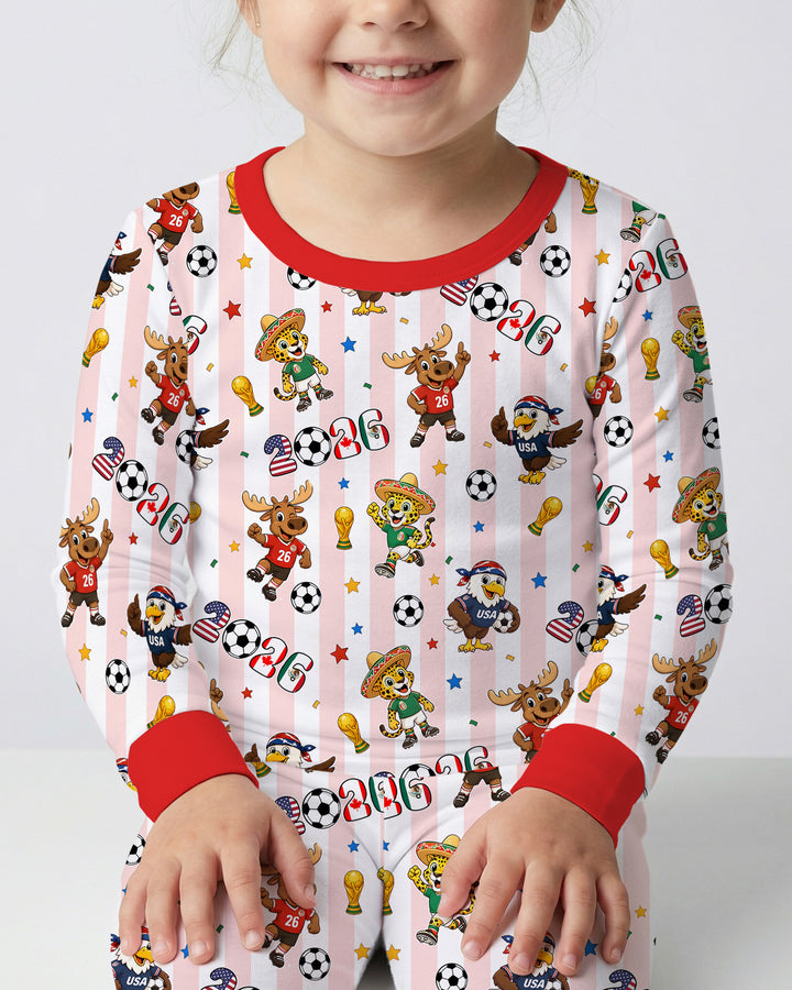 Striped Cute Mascots Soccer Cup 2026 Bamboo Two Piece Long Sleeve Pajama Set
