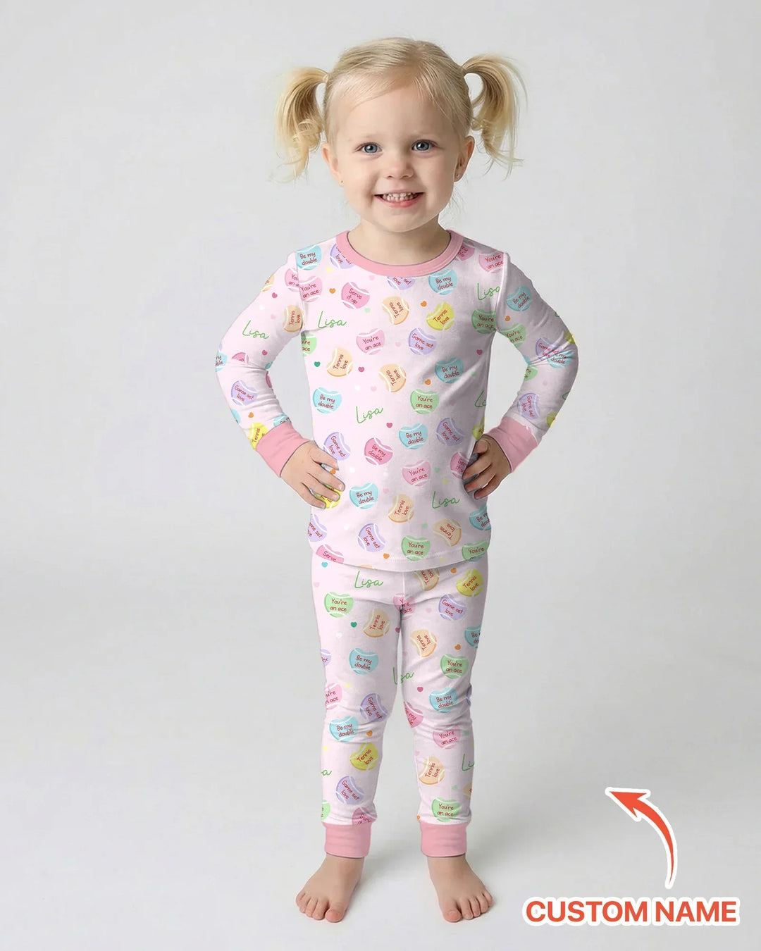 Custom Name Tennis Candy Hearts Bamboo Two Piece Long Sleeve Pajama Set
