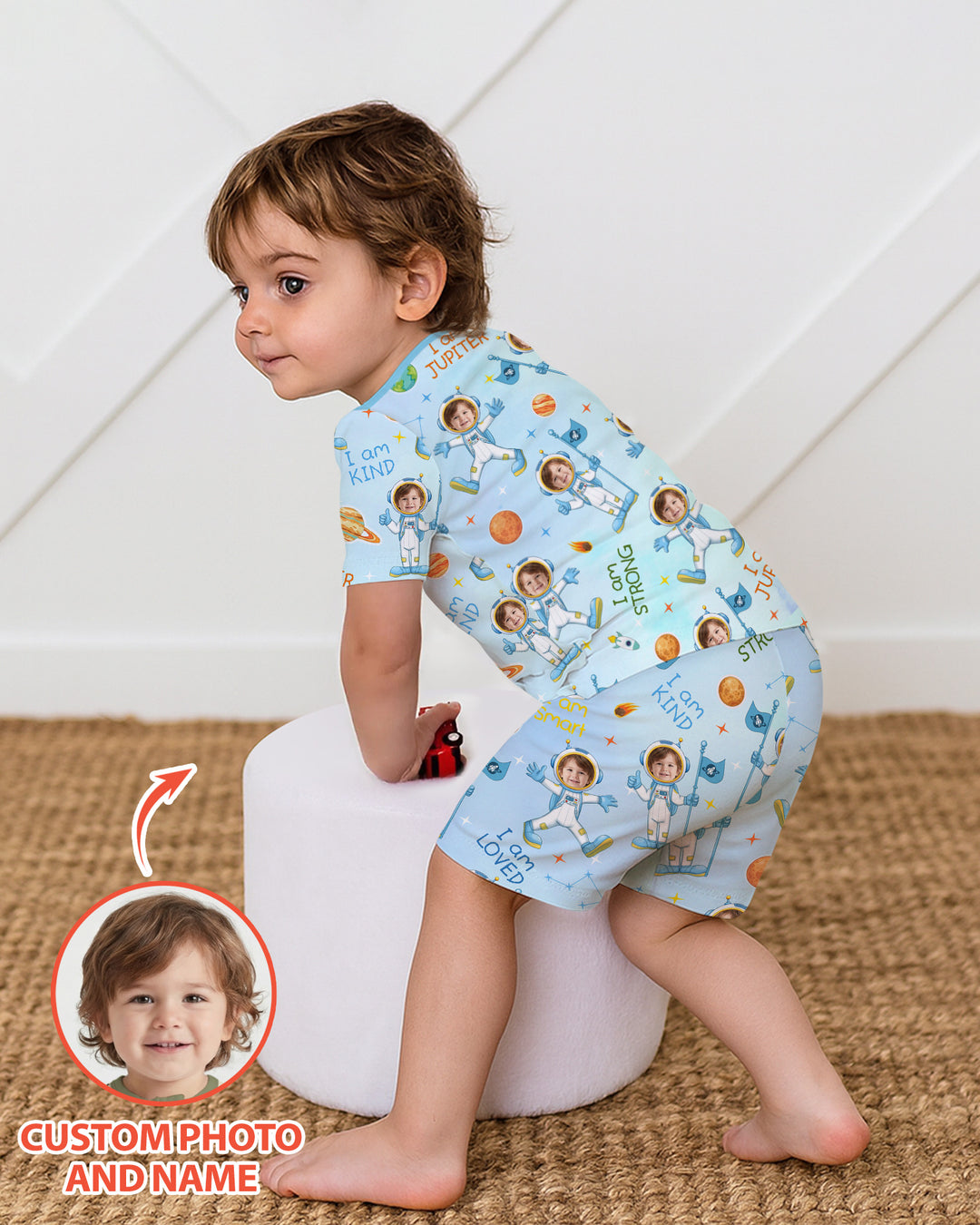 Custom Photo Kid Affirmations I Am Kind Astronaut Bamboo Two Piece Short Sleeve Pajama Set