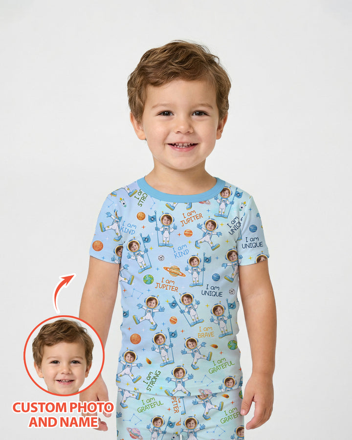 Custom Photo Kid Affirmations I Am Kind Astronaut Bamboo Two Piece Short Sleeve Shorts Pajama Set