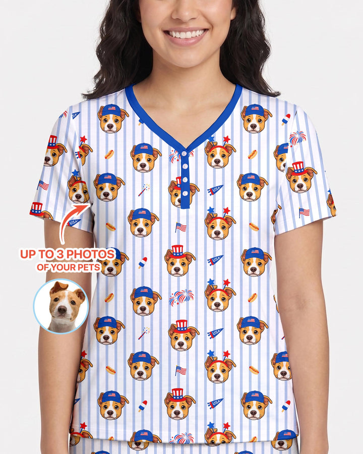 Custom Pet Image 4th of July Family Matching Bamboo Women Short Sleeve Short Pajama