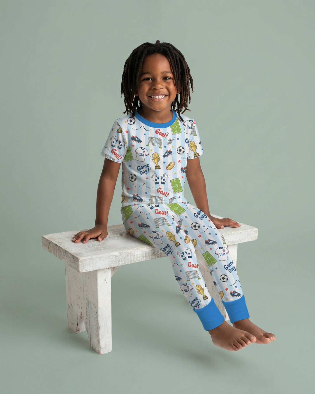 Striped Soccer Game Day Family Matching Bamboo Two Piece Short Sleeve Pajama Set