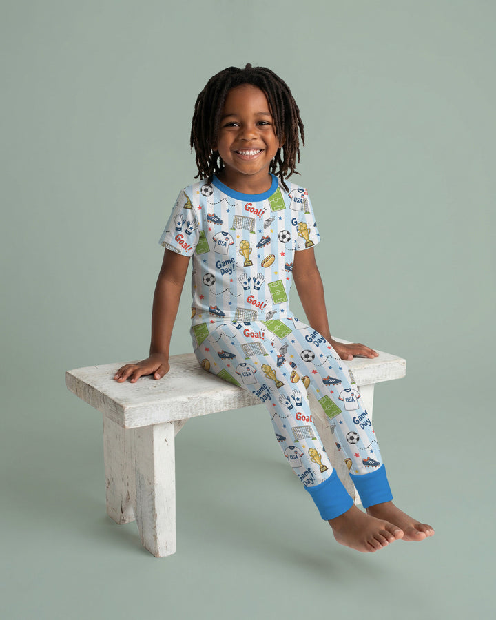 Striped Soccer Game Day Family Matching Bamboo Two Piece Short Sleeve Pajama Set