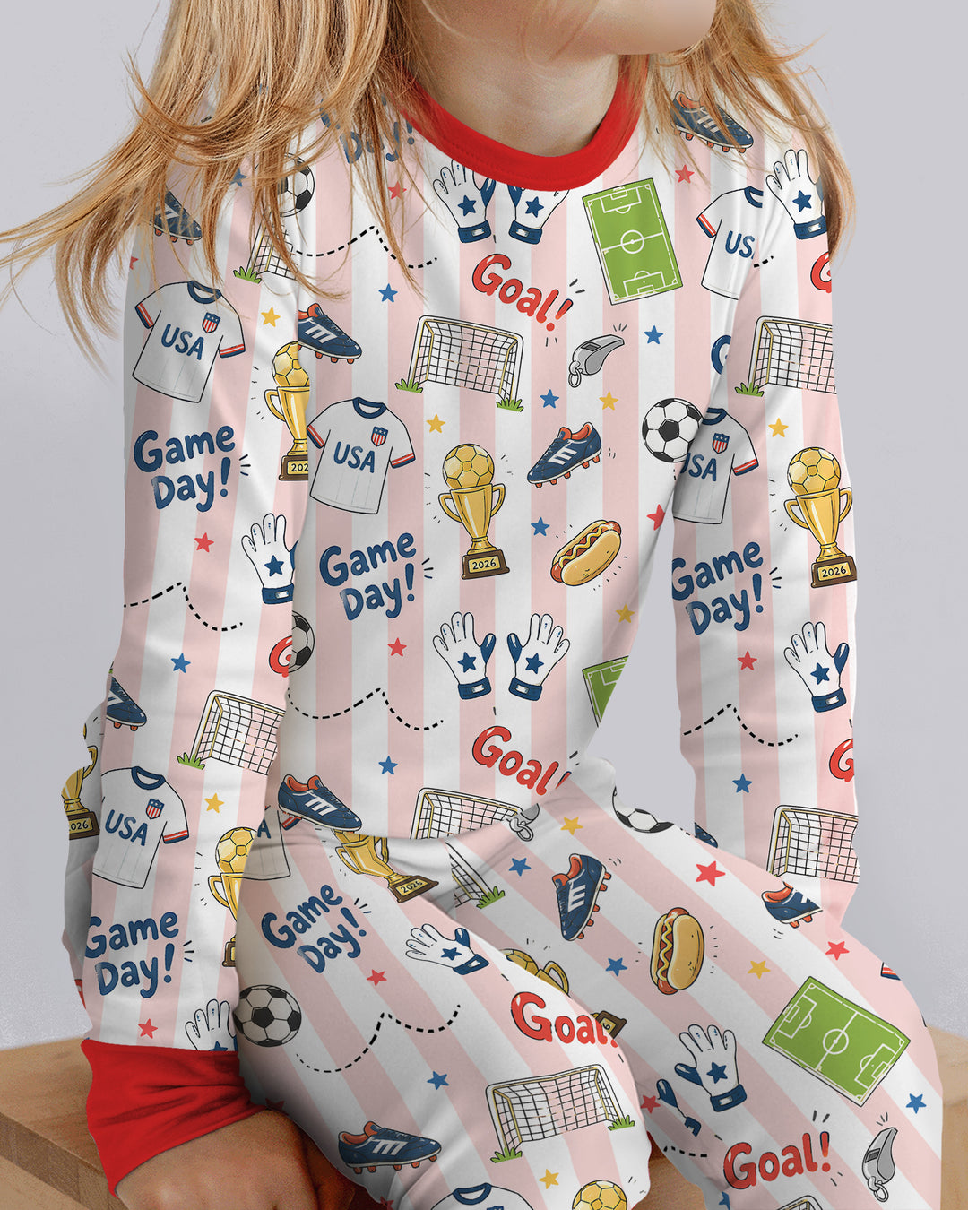Striped Soccer Game Day Family Matching Bamboo Two Piece Long Sleeve Pajama Set