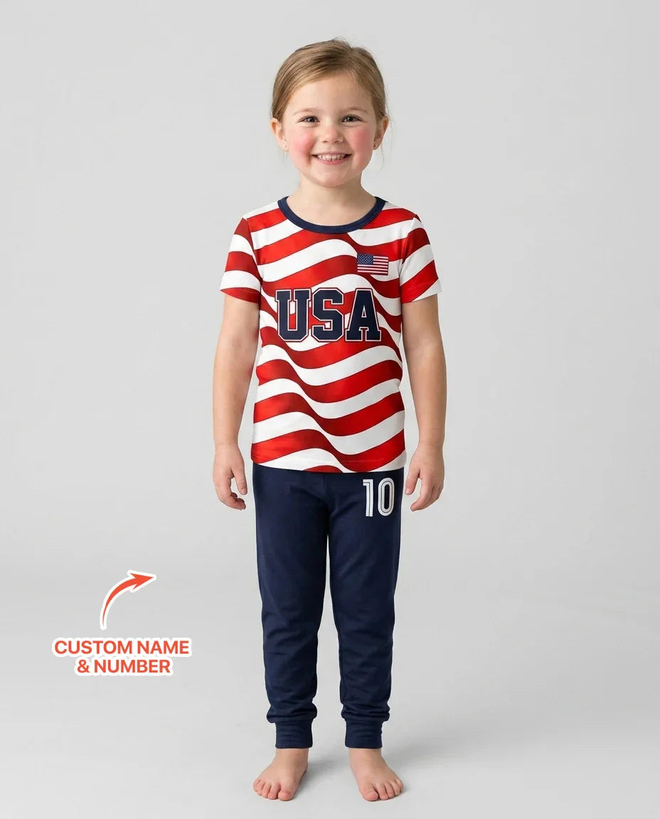 Custom Name USA Spirit Bamboo Two Piece Short Sleeve Pajama Set