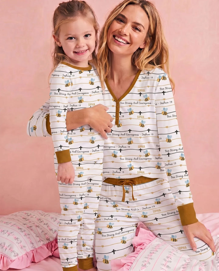 Bee Strong And Courageous Custom Name Women Pajama Set