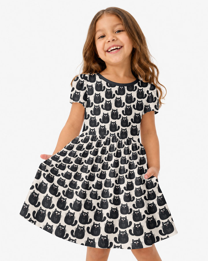 Moody Black Cats in Black and White Bamboo Twirl Dress