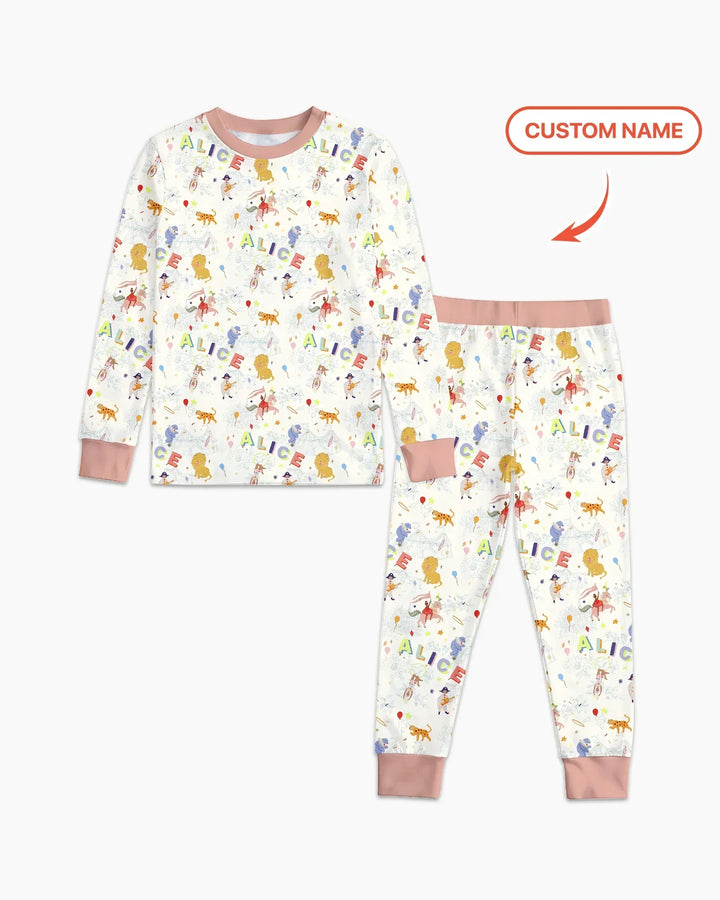 Custom Name Circus Toile Bamboo Two Piece Long Sleeve Pajama Set