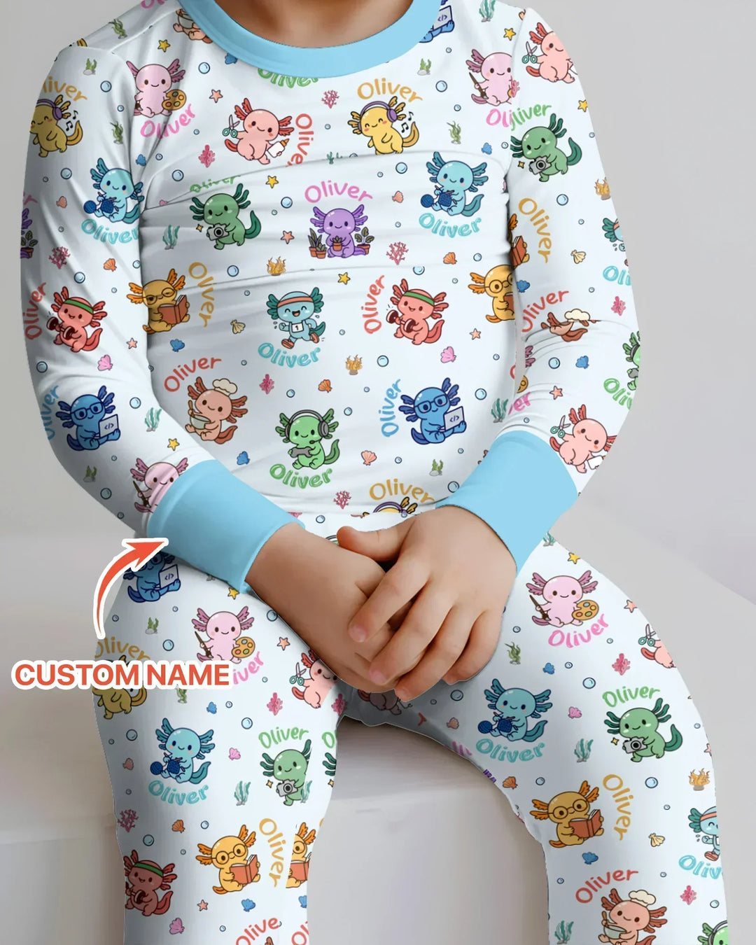 Custom Name Cute Hobby Axolotl Bamboo Two Piece Long Sleeve Pajama Set