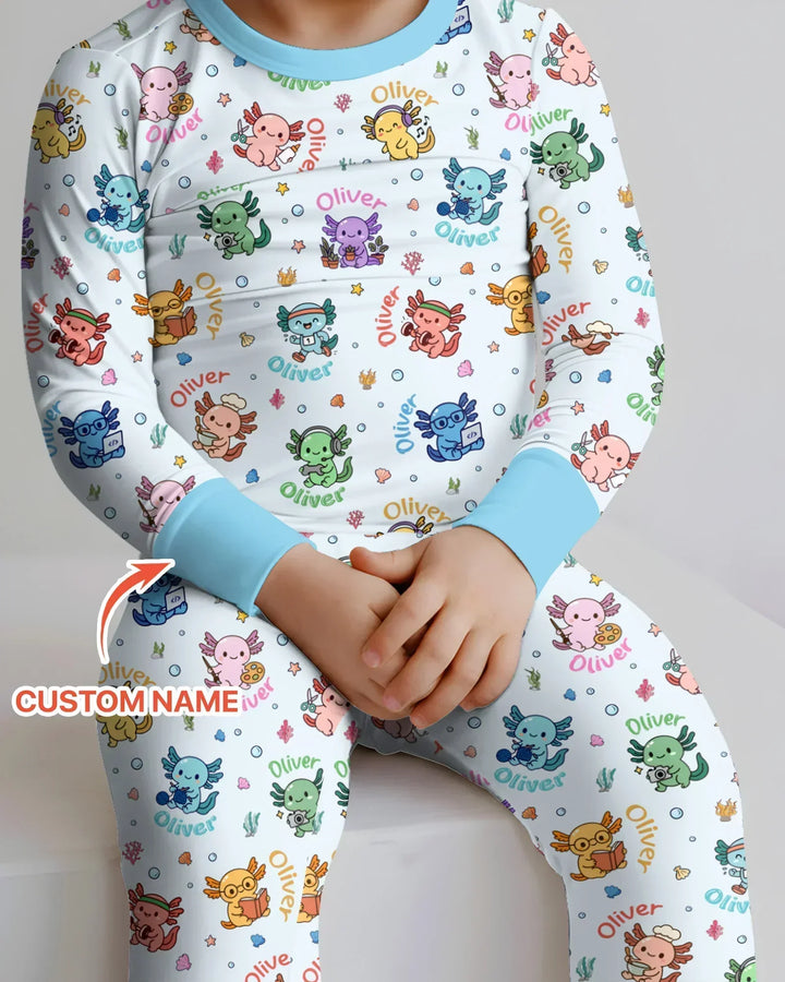 Custom Name Cute Hobby Axolotl Bamboo Two Piece Long Sleeve Pajama Set