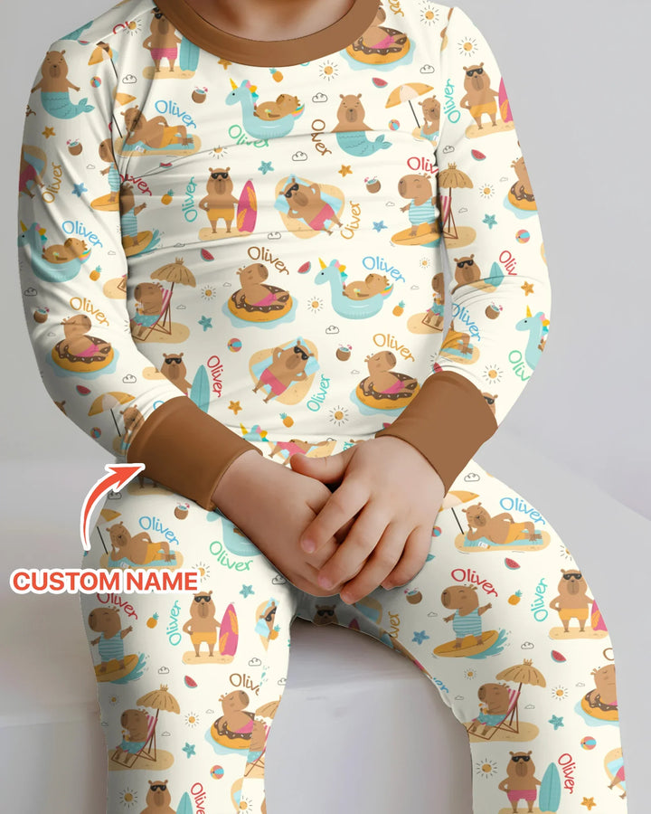 Don't Worry, Be Capy Custom Name Bamboo Two Piece Long Sleeve Pajama Set