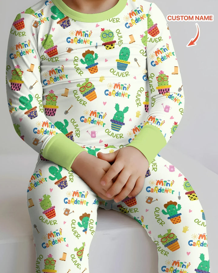 Custom Name Mini Gardener Bamboo Two Piece Long Sleeve Pajama Set