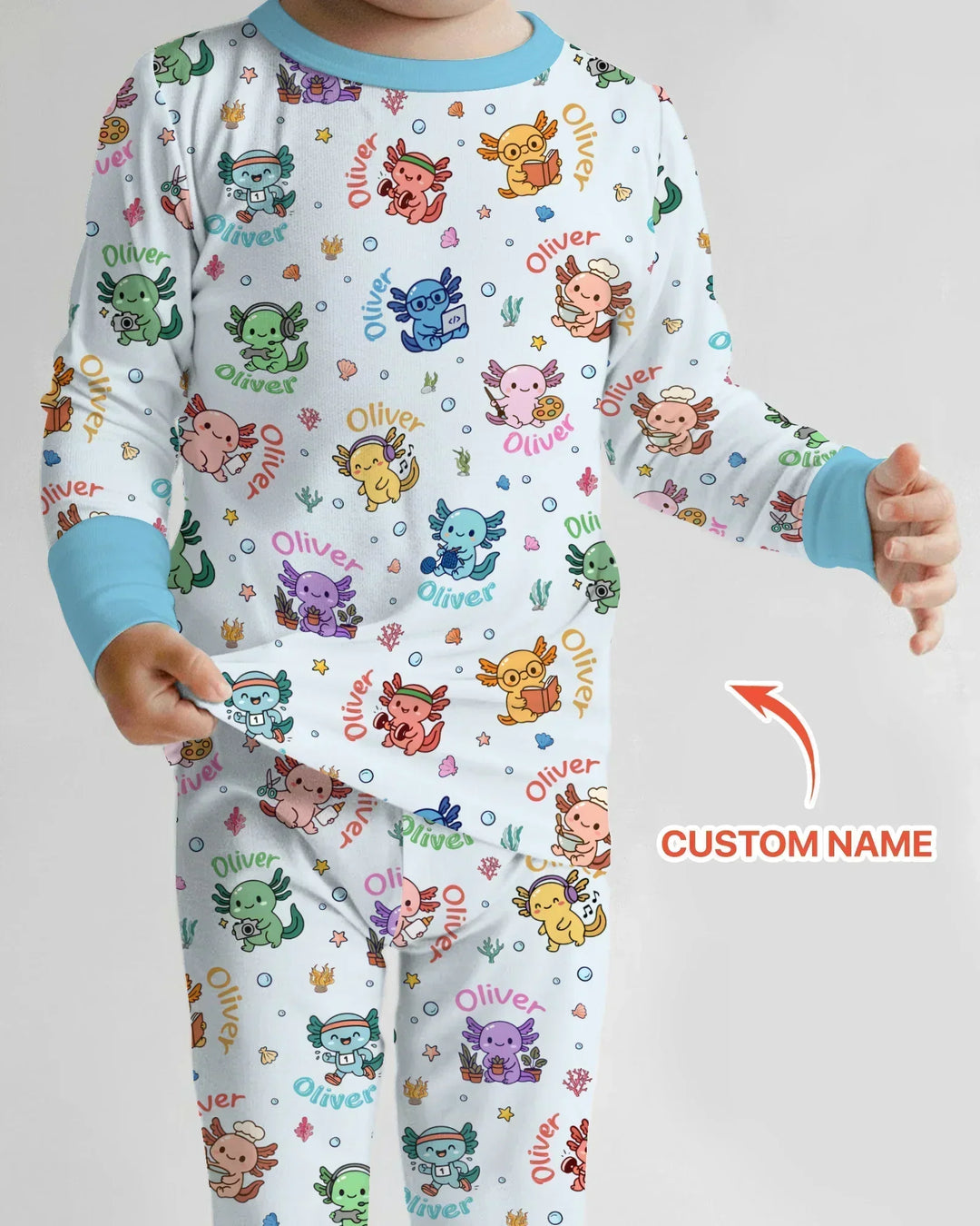 Custom Name Cute Hobby Axolotl Bamboo Two Piece Long Sleeve Pajama Set