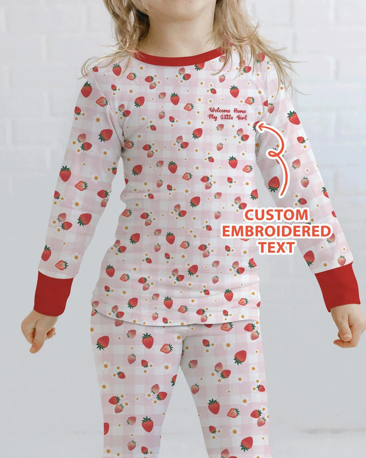 Embroidered Custom Text Strawberry Bamboo Two Piece Long Sleeve Pajama Set