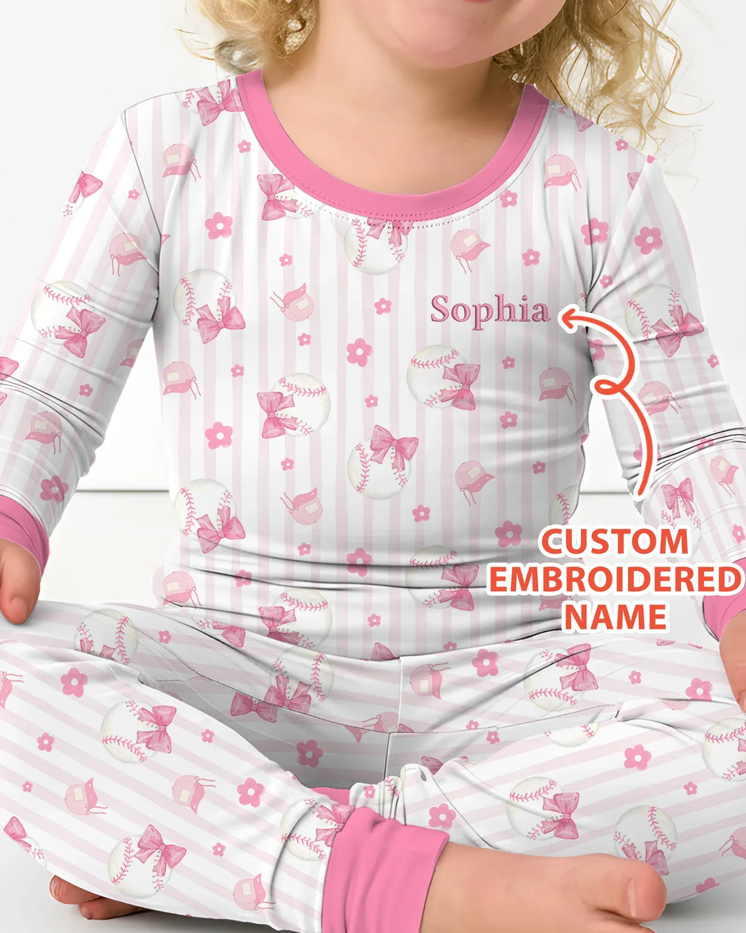 Custom Embroidered Name Baseball Girl Bamboo Two Piece Long Sleeve Pajama Set