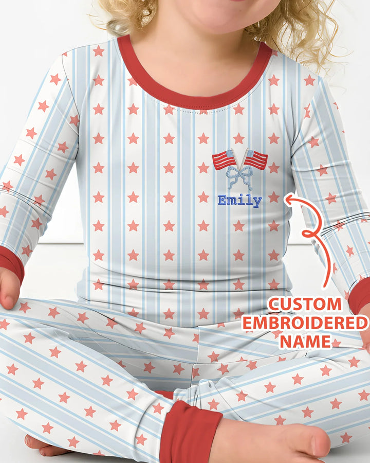 Custom Name Embroidered First 4th Of July Baby Bamboo Two Piece Long Sleeve Pajama Set
