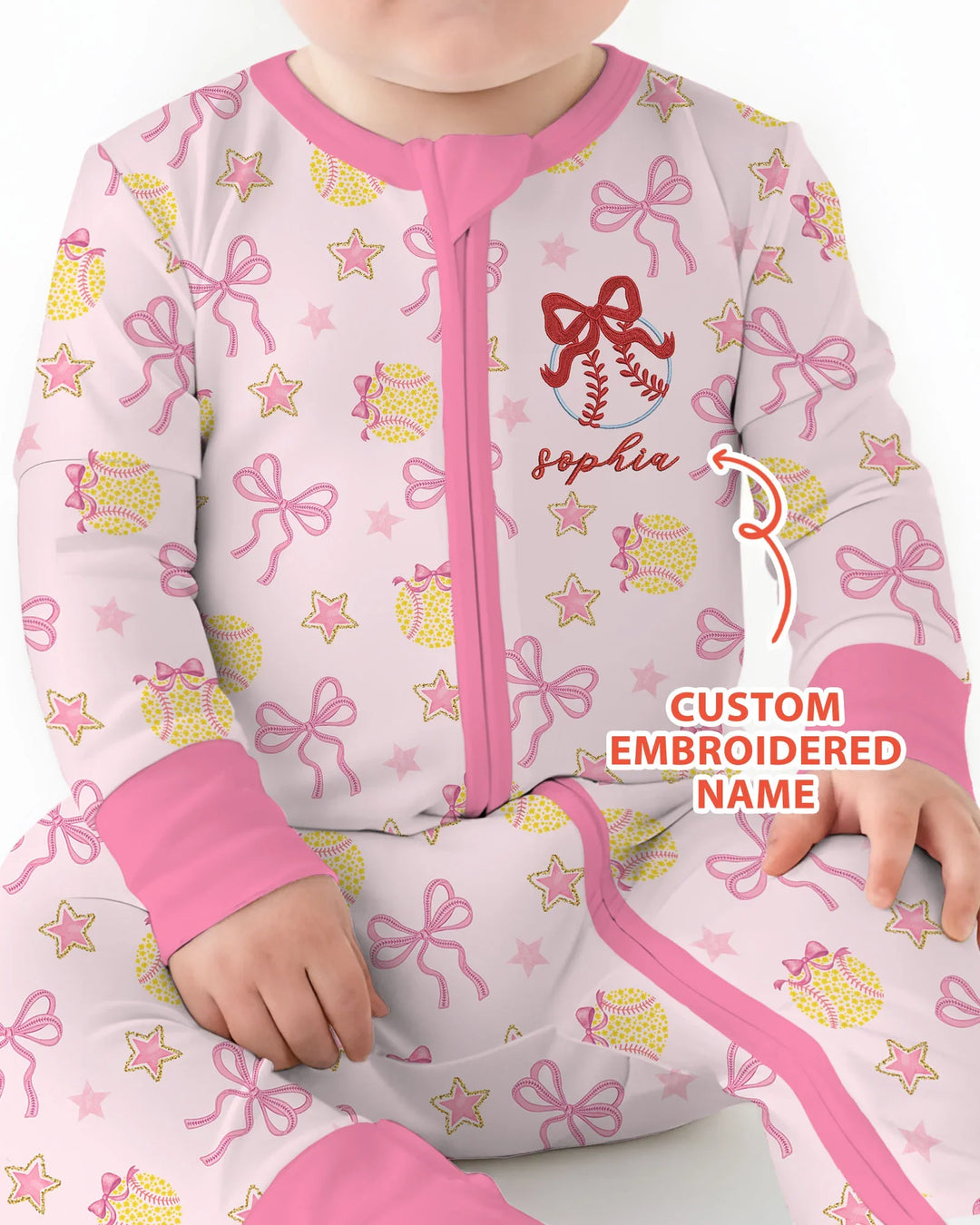 Custom Name Embroidered Softball Bow Baby Bamboo Convertible Zippy