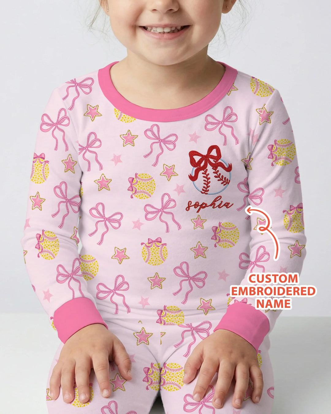 Custom Embroidered Softball Bow Baby Bamboo Two Piece Long Sleeve Pajama Set