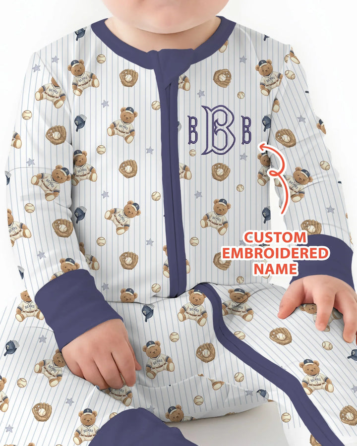 Personalized Embroidered Teddy Bear Baseball Baby Bamboo Convertible Zippy
